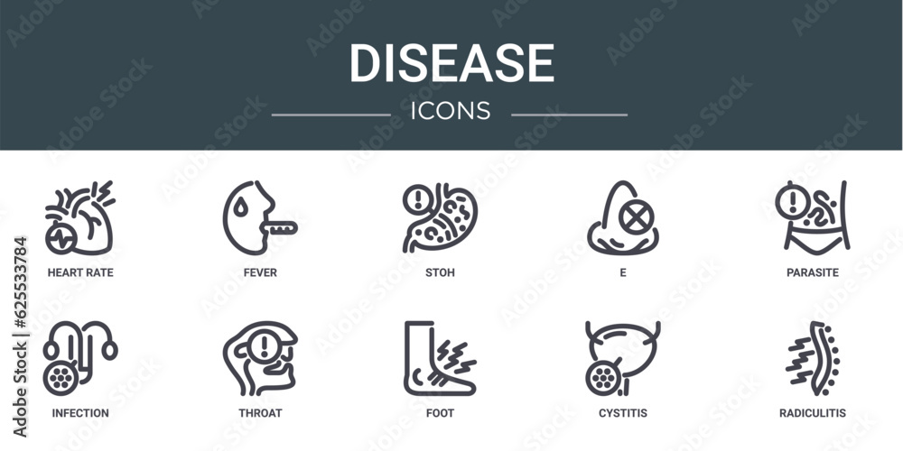 set of 10 outline web disease icons such as heart rate, fever, stoh, e, parasite, infection, throat vector icons for report, presentation, diagram, web design, mobile app