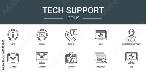 set of 10 outline web tech support icons such as info, email, phone, bug, customer support, laptop, laptop vector icons for report, presentation, diagram, web design, mobile app