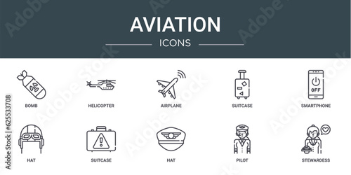 set of 10 outline web aviation icons such as bomb, helicopter, airplane, suitcase, smartphone, hat, suitcase vector icons for report, presentation, diagram, web design, mobile app