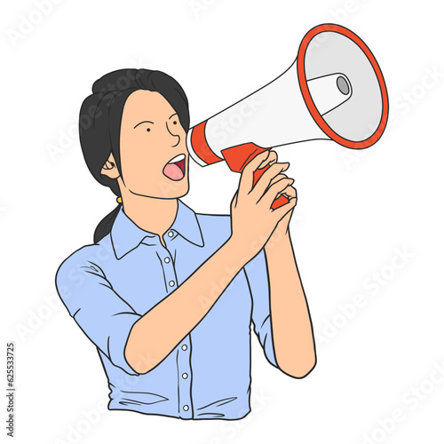 Illustration of woman screaming loudly with hand speaker