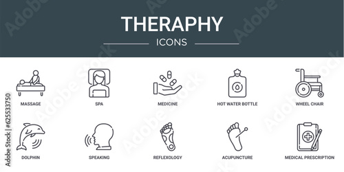 set of 10 outline web theraphy icons such as massage, spa, medicine, hot water bottle, wheel chair, dolphin, speaking vector icons for report, presentation, diagram, web design, mobile app