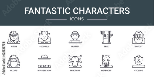 set of 10 outline web fantastic characters icons such as witch, succubus, mummy, tree, bigfoot, wizard, invisible man vector icons for report, presentation, diagram, web design, mobile app