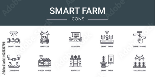 set of 10 outline web smart farm icons such as smart farm, harvest, farming, smart farm, smartphone, conveyor, green house vector icons for report, presentation, diagram, web design, mobile app © MacroOne