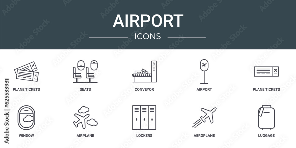 set of 10 outline web airport icons such as plane tickets, seats, conveyor, airport, plane tickets, window, airplane vector icons for report, presentation, diagram, web design, mobile app