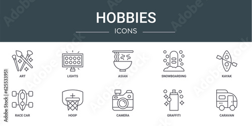 set of 10 outline web hobbies icons such as art, lights, asian, snowboarding, kayak, race car, hoop vector icons for report, presentation, diagram, web design, mobile app