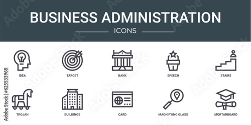 set of 10 outline web business administration icons such as idea, target, bank, speech, stairs, trojan, buildings vector icons for report, presentation, diagram, web design, mobile app