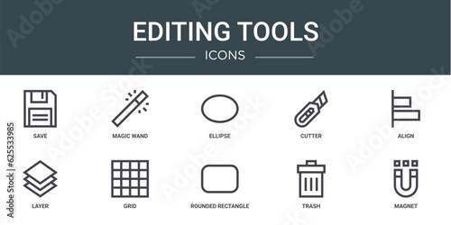 set of 10 outline web editing tools icons such as save, magic wand, ellipse, cutter, align, layer, grid vector icons for report, presentation, diagram, web design, mobile app