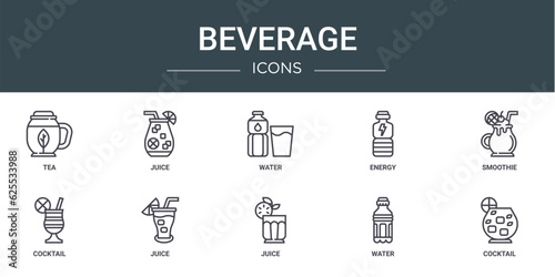 set of 10 outline web beverage icons such as tea, juice, water, energy, smoothie, cocktail, juice vector icons for report, presentation, diagram, web design, mobile app