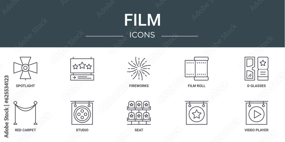 set of 10 outline web film icons such as spotlight, , fireworks, film roll, d glasses, red carpet, studio vector icons for report, presentation, diagram, web design, mobile app