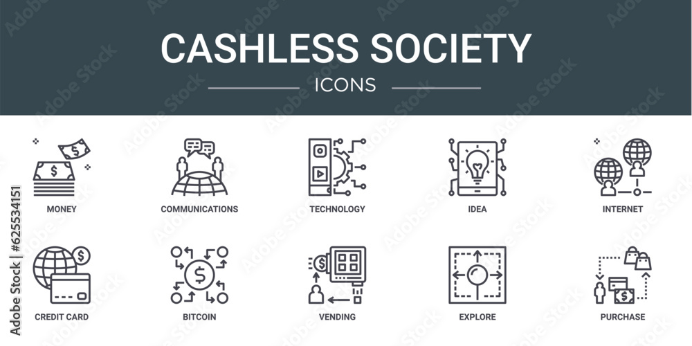 set of 10 outline web cashless society icons such as money, communications, technology, idea, internet, credit card, bitcoin vector icons for report, presentation, diagram, web design, mobile app