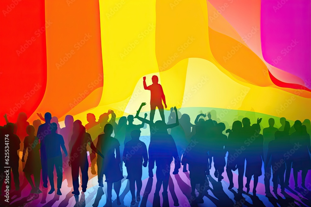 silhouettes of men and women under the rainbow flag, lgtbi flag, lgtbi concept, concept of inclusion,