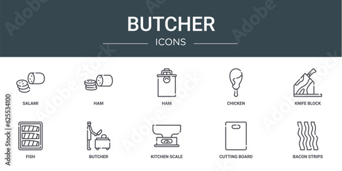 set of 10 outline web butcher icons such as salami, ham, ham, chicken, knife block, fish, butcher vector icons for report, presentation, diagram, web design, mobile app