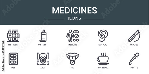 set of 10 outline web medicines icons such as test tubes, ointment, medicine, ear plug, scalpel, pill, x ray vector icons for report, presentation, diagram, web design, mobile app
