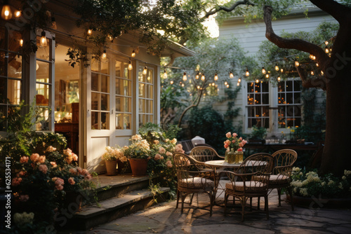 Cozy patio with furniture and flowers