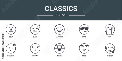 set of 10 outline web classics icons such as cold, sleep, laughing, cool, cry, inverted, woman vector icons for report, presentation, diagram, web design, mobile app