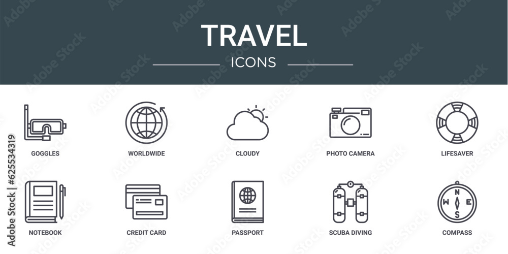 set of 10 outline web travel icons such as goggles, worldwide, cloudy, photo camera, lifesaver, notebook, credit card vector icons for report, presentation, diagram, web design, mobile app