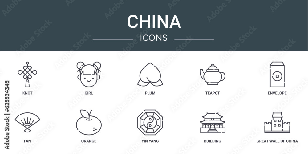 set of 10 outline web china icons such as knot, girl, plum, teapot, envelope, fan, orange vector icons for report, presentation, diagram, web design, mobile app