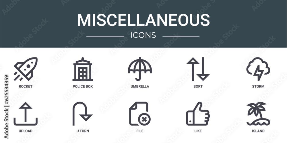 set of 10 outline web miscellaneous icons such as rocket, police box, umbrella, sort, storm, upload, u turn vector icons for report, presentation, diagram, web design, mobile app