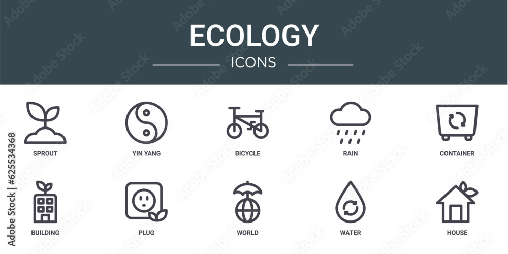 set of 10 outline web ecology icons such as sprout, yin yang, bicycle, rain, container, building, plug vector icons for report, presentation, diagram, web design, mobile app