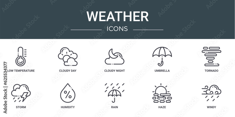 set of 10 outline web weather icons such as low temperature, cloudy day, cloudy night, umbrella, tornado, storm, humidity vector icons for report, presentation, diagram, web design, mobile app