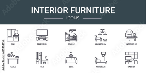 set of 10 outline web interior furniture icons such as sink, television, cradle, livingroom, interior de, table, clo vector icons for report, presentation, diagram, web design, mobile app