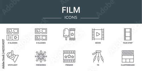 set of 10 outline web film icons such as d glasses, d glasses, , movie, film strip, spotlight, fireworks vector icons for report, presentation, diagram, web design, mobile app