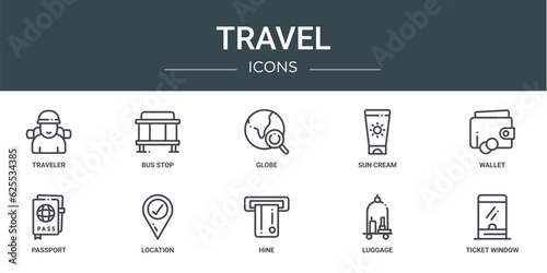 set of 10 outline web travel icons such as traveler, bus stop, globe, sun cream, wallet, passport, location vector icons for report, presentation, diagram, web design, mobile app