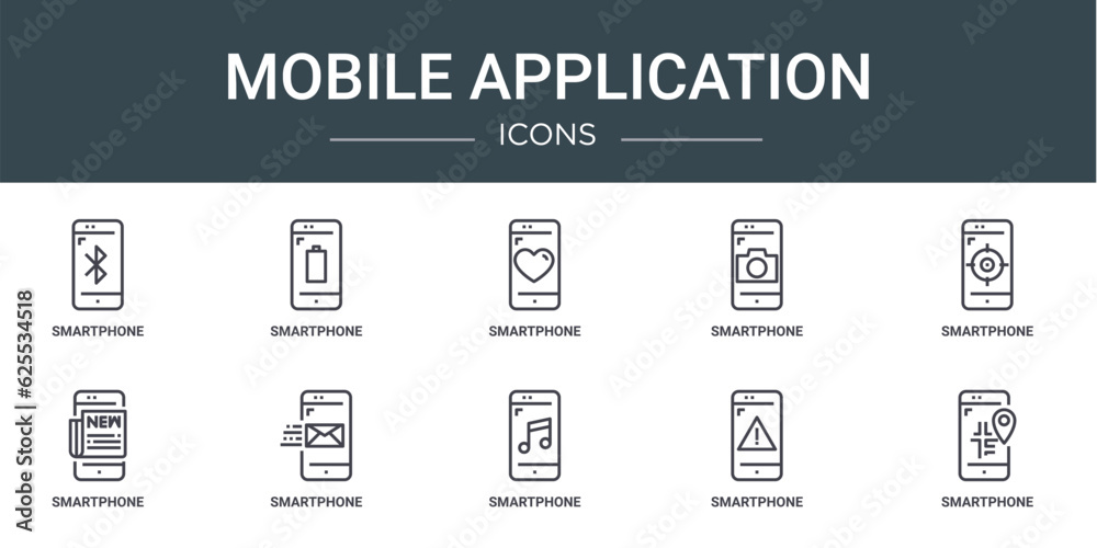 Fototapeta premium set of 10 outline web mobile application icons such as smartphone, smartphone, smartphone, vector icons for report, presentation, diagram, web design, mobile app