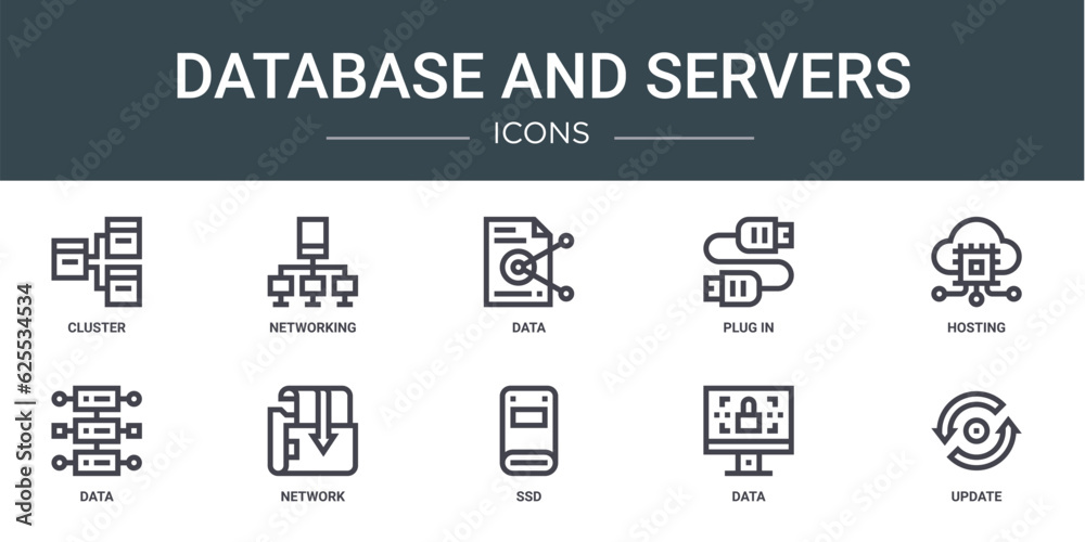 Fototapeta premium set of 10 outline web database and servers icons such as cluster, networking, data, plug in, hosting, data, network vector icons for report, presentation, diagram, web design, mobile app