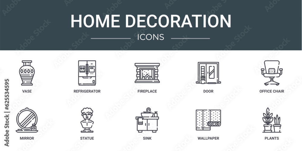 set of 10 outline web home decoration icons such as vase, refrigerator, fireplace, door, office chair, mirror, statue vector icons for report, presentation, diagram, web design, mobile app