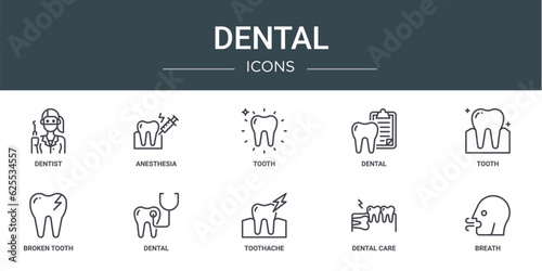 set of 10 outline web dental icons such as dentist, anesthesia, tooth, dental, tooth, broken tooth, dental vector icons for report, presentation, diagram, web design, mobile app