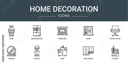 set of 10 outline web home decoration icons such as vase, refrigerator, fireplace, door, office chair, mirror, statue vector icons for report, presentation, diagram, web design, mobile app