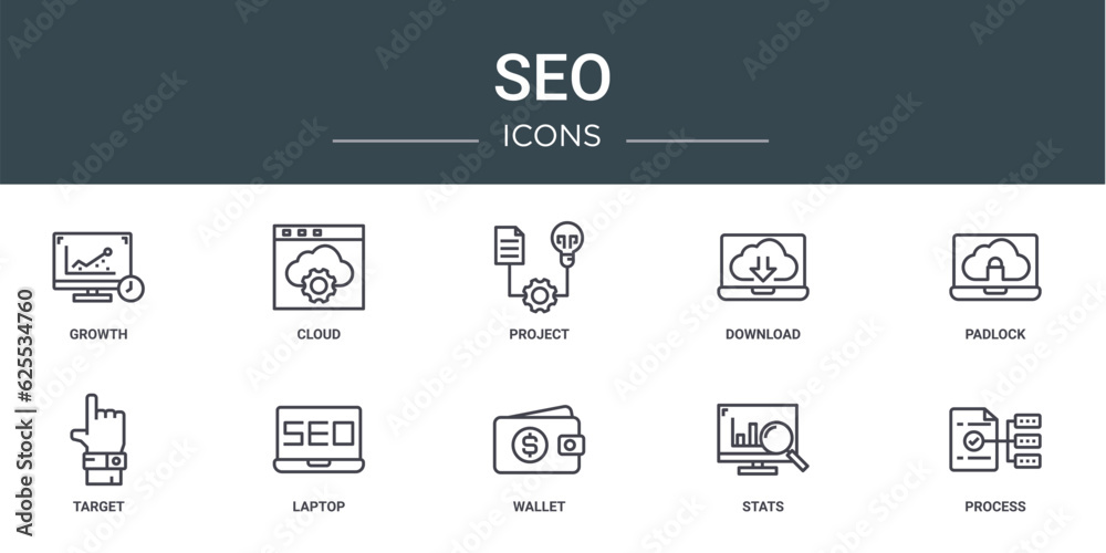 set of 10 outline web seo icons such as growth, cloud, project, download, padlock, target, laptop vector icons for report, presentation, diagram, web design, mobile app