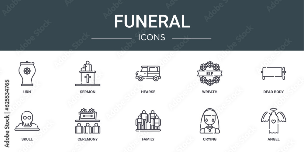 set of 10 outline web funeral icons such as urn, sermon, hearse, wreath, dead body, skull, ceremony vector icons for report, presentation, diagram, web design, mobile app
