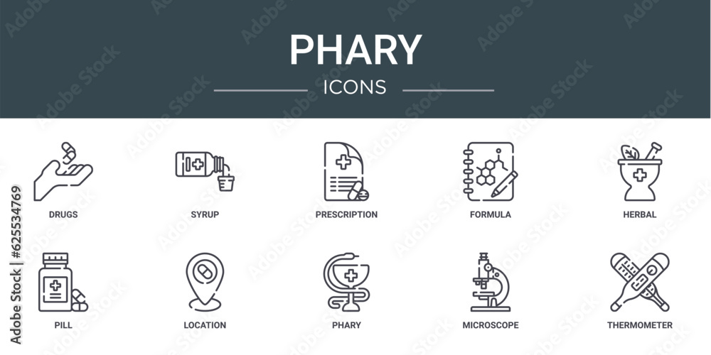 set of 10 outline web phary icons such as drugs, syrup, prescription, formula, herbal, pill, location vector icons for report, presentation, diagram, web design, mobile app