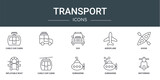 set of 10 outline web transport icons such as cable car cabin, , suv, aeroplane, kayak, inflatable boat, cable car cabin vector icons for report, presentation, diagram, web design, mobile app