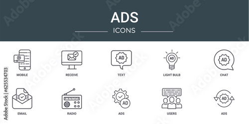 set of 10 outline web ads icons such as mobile, receive, text, light bulb, chat, email, radio vector icons for report, presentation, diagram, web design, mobile app