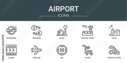 set of 10 outline web airport icons such as no smoking  exchange  scale  control tower  or up  locker  airplane vector icons for report  presentation  diagram  web design  mobile app