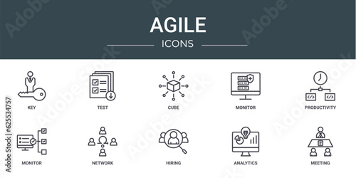 set of 10 outline web agile icons such as key, test, cube, monitor, productivity, monitor, network vector icons for report, presentation, diagram, web design, mobile app