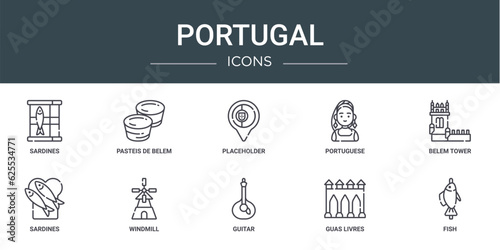 set of 10 outline web portugal icons such as sardines, pasteis de belem, placeholder, portuguese, belem tower, sardines, windmill vector icons for report, presentation, diagram, web design, mobile