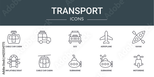 set of 10 outline web transport icons such as cable car cabin, , suv, aeroplane, kayak, inflatable boat, cable car cabin vector icons for report, presentation, diagram, web design, mobile app