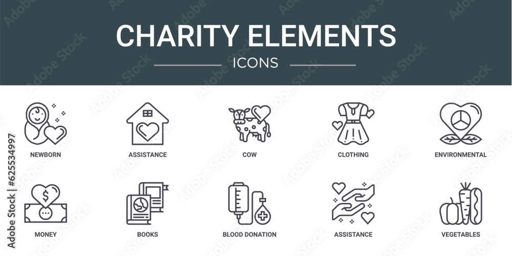set of 10 outline web charity elements icons such as newborn, assistance, cow, clothing, environmental, money, books vector icons for report, presentation, diagram, web design, mobile app
