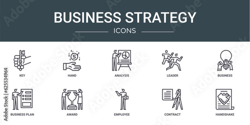 set of 10 outline web business strategy icons such as key, hand, analysis, leader, business, business plan, award vector icons for report, presentation, diagram, web design, mobile app