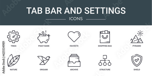 set of 10 outline web tab bar and settings icons such as tings, piggy bank, favorite, shopping bag, pyramid, nature, origami vector icons for report, presentation, diagram, web design, mobile app