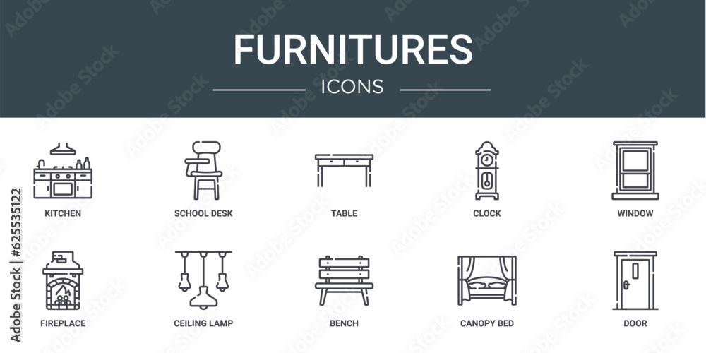 set of 10 outline web furnitures icons such as kitchen, school desk, table, clock, window, fireplace, ceiling lamp vector icons for report, presentation, diagram, web design, mobile app