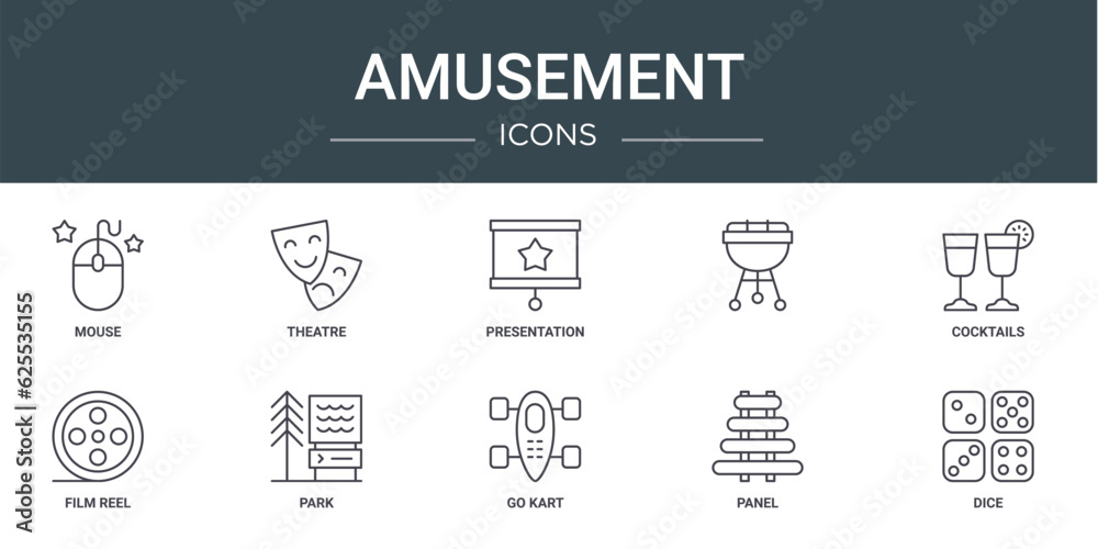 set of 10 outline web amusement icons such as mouse, theatre, presentation, , cocktails, film reel, park vector icons for report, presentation, diagram, web design, mobile app