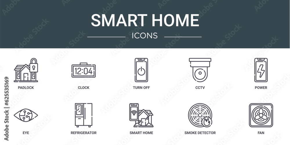 set of 10 outline web smart home icons such as padlock, clock, turn off, cctv, power, eye, refrigerator vector icons for report, presentation, diagram, web design, mobile app