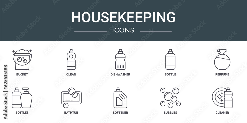 set of 10 outline web housekeeping icons such as bucket, clean, dishwasher, bottle, perfume, bottles, bathtub vector icons for report, presentation, diagram, web design, mobile app