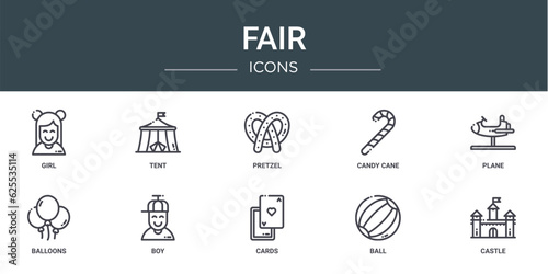 set of 10 outline web fair icons such as girl, tent, pretzel, candy cane, plane, balloons, boy vector icons for report, presentation, diagram, web design, mobile app