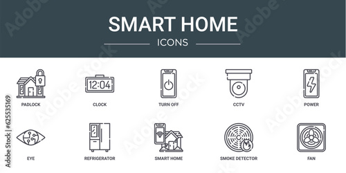 set of 10 outline web smart home icons such as padlock, clock, turn off, cctv, power, eye, refrigerator vector icons for report, presentation, diagram, web design, mobile app © MacroOne